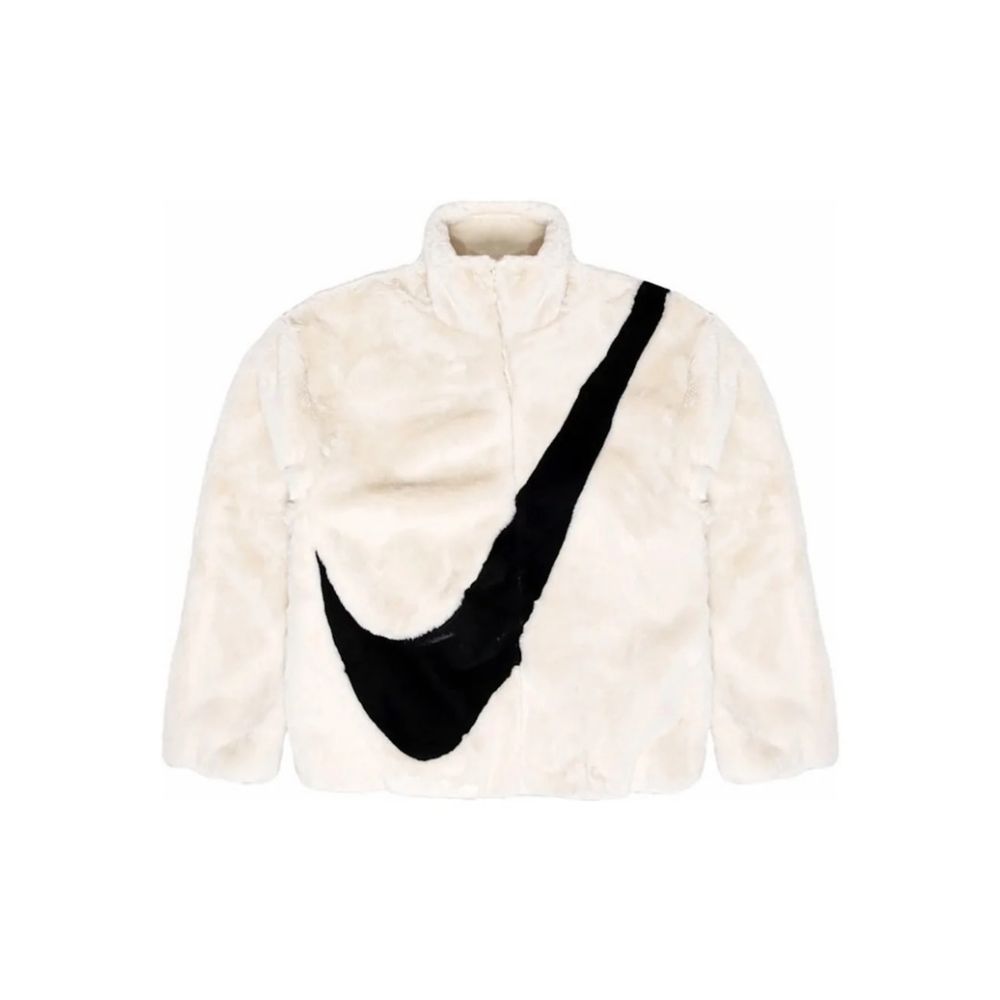 Nike Sportswear Women's Oversized Swoosh Logo Faux Fur Jacket Fossil/Black