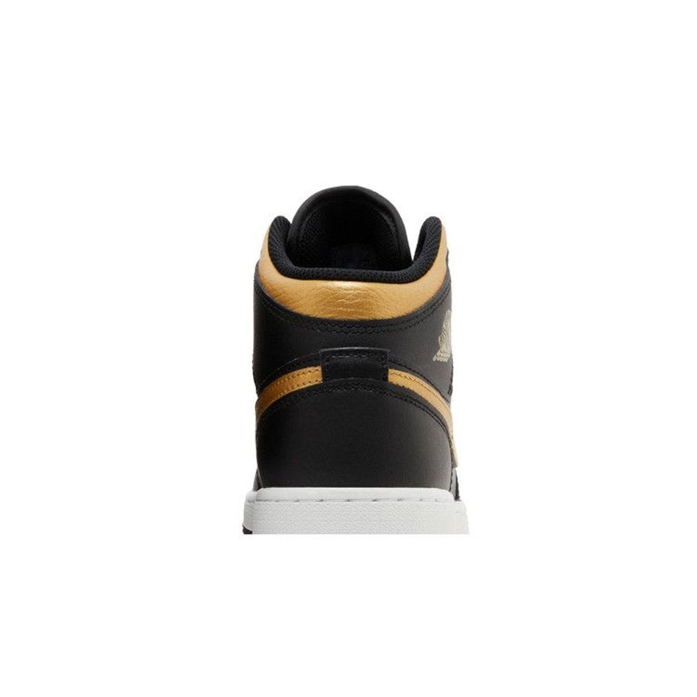 Jordan 1 Mid Black Metallic Gold Swoosh (GS) – detail materiálu | Purekickz