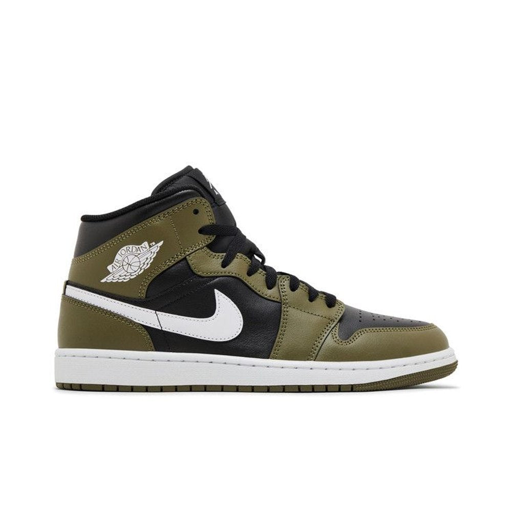Jordan 1 Mid Black White Olive – boční pohled | Purekickz