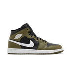Jordan 1 Mid Black White Olive – boční pohled | Purekickz