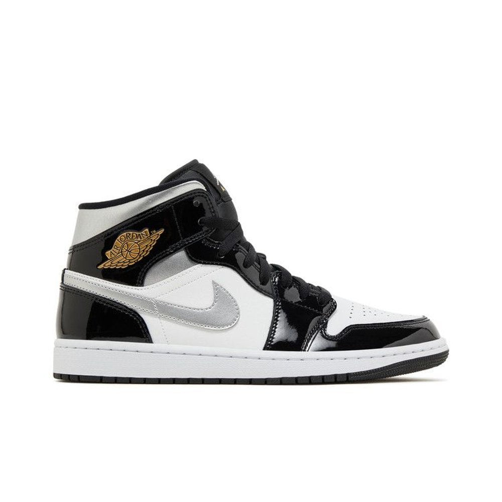 Jordan 1 Mid SE Patent Black White Metallic Silver Metallic Gold – boční pohled | Purekickz