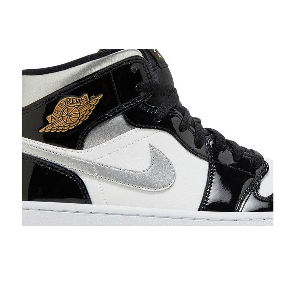 Jordan 1 Mid SE Patent Black White Metallic Silver Metallic Gold – detail | Purekickz