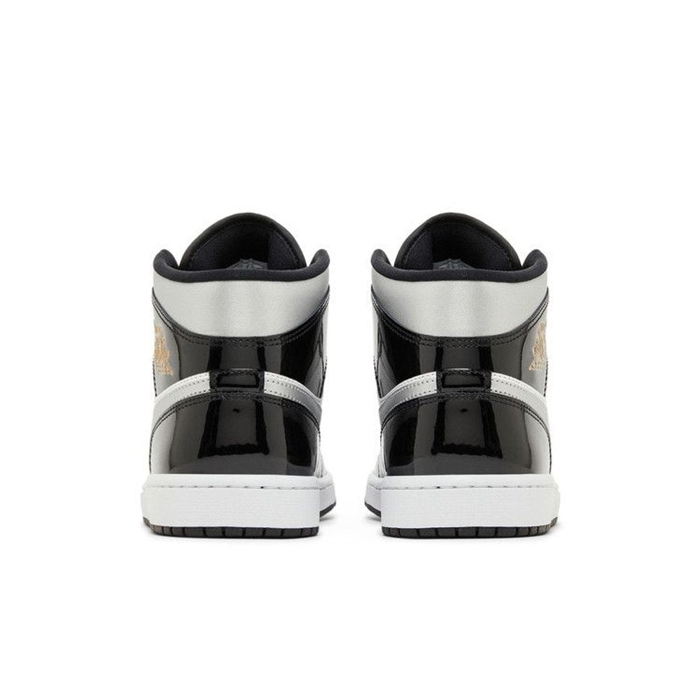 Jordan 1 Mid SE Patent Black White Metallic Silver Metallic Gold – podrážka | Purekickz
