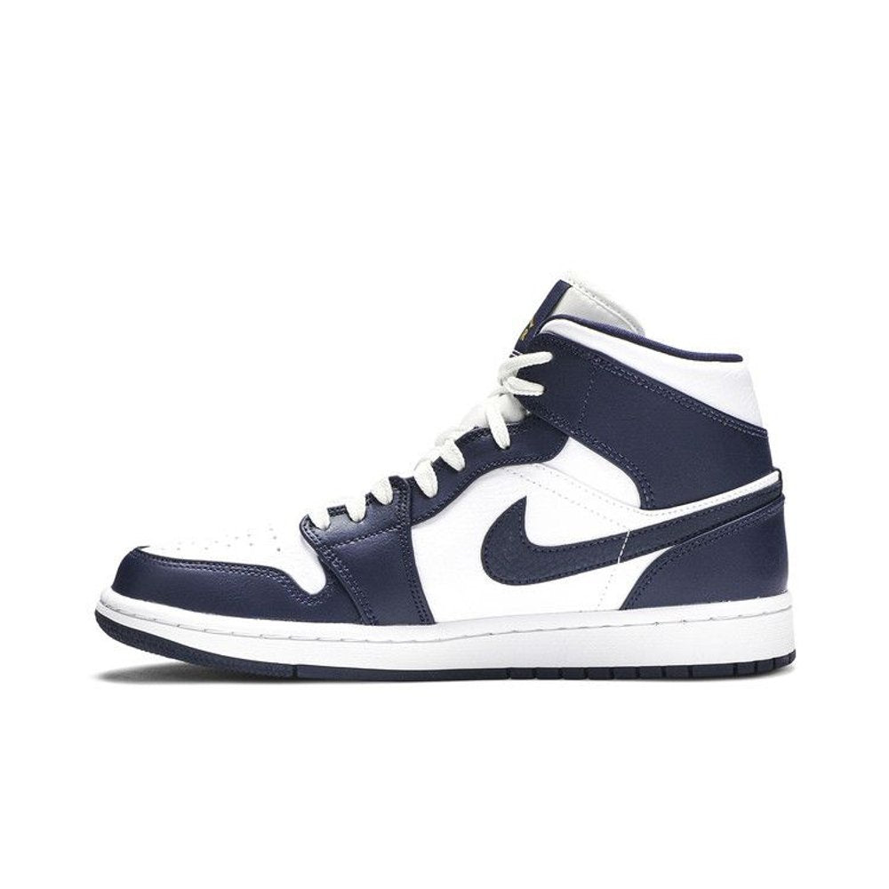 Jordan 1 Mid White Metallic Gold Obsidian – hlavní pohled | Purekickz