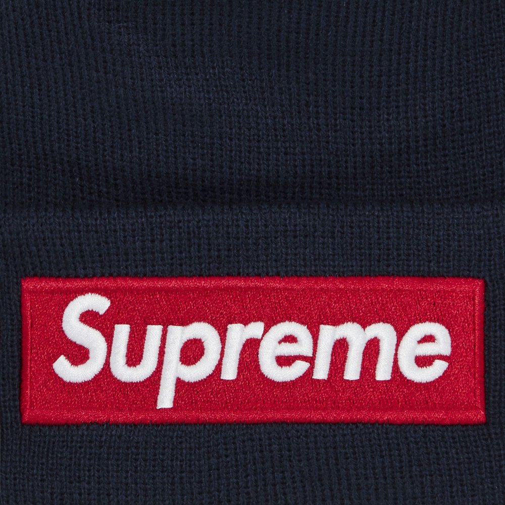 Supreme New Era Box Logo Beanie (FW24) Navy – detail | Purekickz