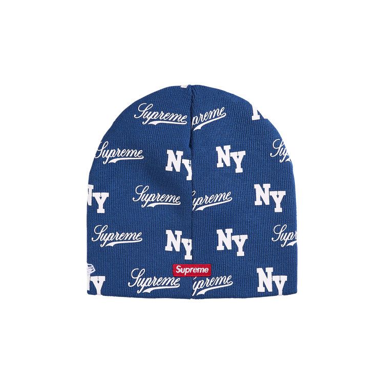 Supreme New Era Monogram Beanie Blue – boční pohled | Purekickz