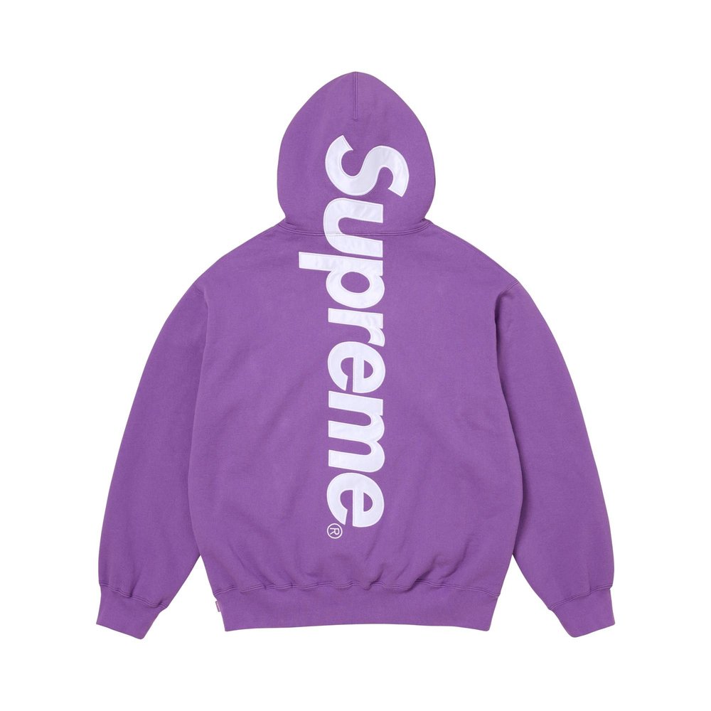 Supreme Satin Applique Hoodie Violet – boční pohled | Purekickz