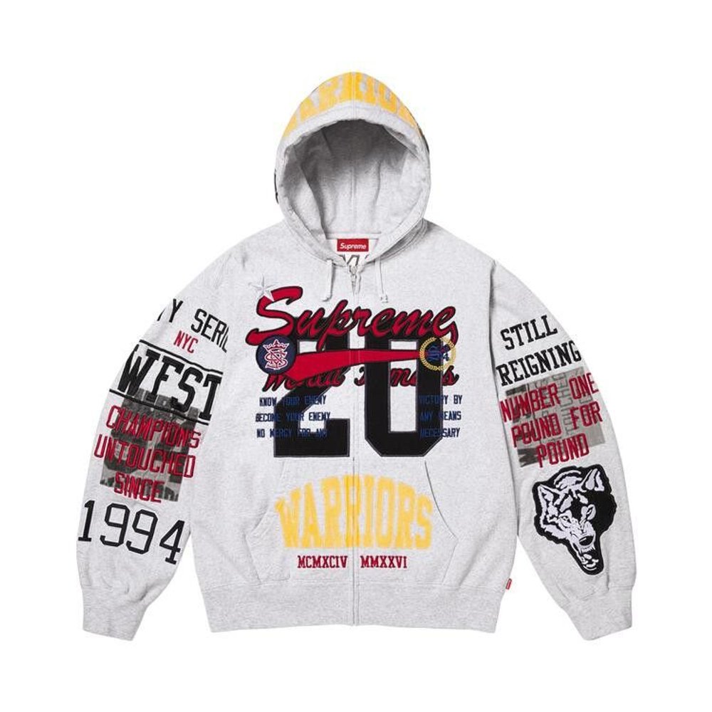 Supreme Warriors Appliqué Zip Up Hooded Sweatshirt Ash Grey – hlavní pohled | Purekickz